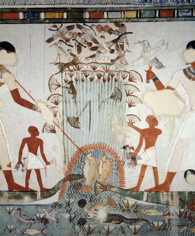 Menna e la sua famiglia che pescano e cacciano nelle paludi del Nilo, (dettaglio) dagli affreschi nella cappella della Tomba di Menna, Necropoli di Sheikh Abd el Qurnah, Luxor, Tebe (Patrimonio dell