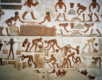 Lavorazione dei metalli e produzione di mattoni, dettaglio dagli affreschi nella Tomba di Rekhmire, Necropoli di Sheikh Abd el Qurnah, Luxor, Tebe (Lista del Patrimonio Mondiale dell