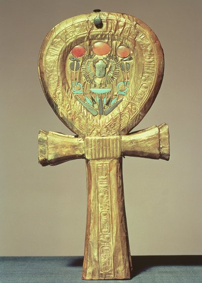 Custodia per specchio a forma di ankh, dalla tomba di Tutankhamon (c.1370-52 a.C.) Nuovo Regno (legno dorato intarsiato con pasta di vetro) da Egyptian 18th Dynasty