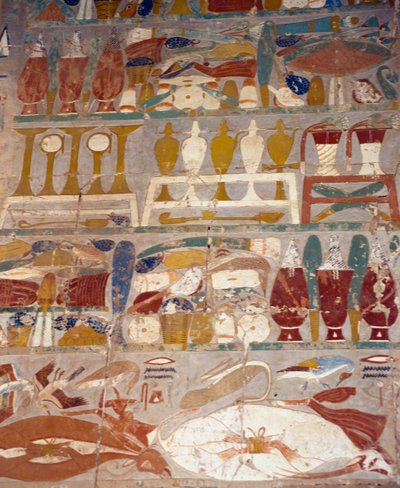 Offerte e vasi di profumo tra Anubi e Hatshepsut, murale, Cappella di Anubi, Tempio Mortuario di Hatshepsut, Deir el-Bahari, Necropoli Tebana (Patrimonio Mondiale dell