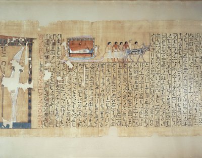 Papiro che raffigura il trasporto del sarcofago su carro trainato da buoi, dal Libro dei Morti di Maiherperi da Egyptian 18th Dynasty