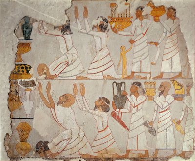 Parte di una parete tombale dipinta che mostra portatori di tributi asiatici, c.1400 a.C. (intonaco dipinto su pietra) da Egyptian 18th Dynasty