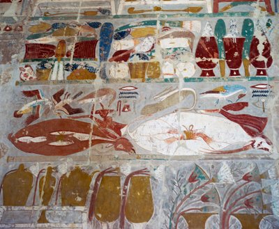 Provviste e ceramiche offerte agli dei dalla Regina Hatshepsut, rilievo dipinto, Cappella di Anubi, Tempio Mortuario della Regina Hatshepsut, noto anche come Djeser-Djeseru, Deir el-Bahri, Tebe. Civiltà egizia, Nuovo Regno, XVIII Dinastia da Egyptian 18th Dynasty