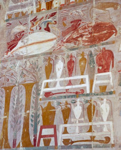 Provviste e ceramiche offerte agli dei dalla regina Hatshepsut, rilievo dipinto, Cappella di Anubi, Tempio funerario della regina Hatshepsut, noto anche come Djeser-Djeseru, Deir el-Bahri, Tebe. Civiltà egizia, Nuovo Regno, XVIII dinastia da Egyptian 18th Dynasty