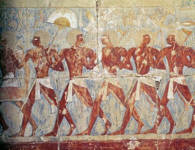 Rilievo raffigurante una parata in onore della dea Hathor, dal Tempio Mortuario di Hatshepsut, Nuovo Regno da Egyptian 18th Dynasty
