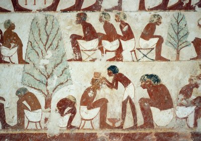 Soldati che si tagliano i capelli, (dettaglio) dagli affreschi nella Tomba di Userhat, Necropoli di Sheikh Abd el Qurnah, Luxor, Tebe (Patrimonio dell