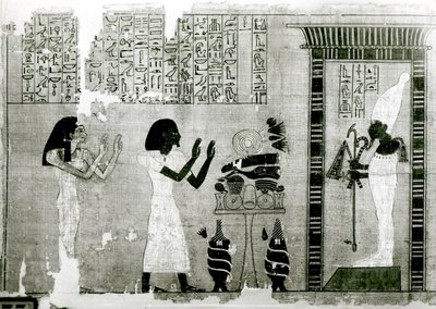 Il defunto accompagnato dalla sorella va a rendere omaggio a Osiride, dettaglio dal Libro dei Morti, Nuovo Regno da Egyptian 18th Dynasty