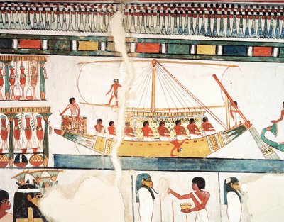 La nave solare, dettaglio del pellegrinaggio ad Abido, affresco, parete nord, sala da pranzo lunga, Tomba Tebana TT69, Sheikh Abd el-Qurna, Tebe (Patrimonio Mondiale dell