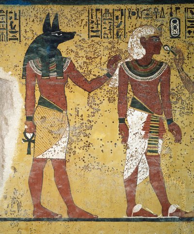 Tutankhamon accolto da Anubi e Hathor e che offre loro l
