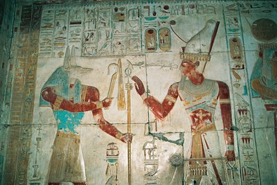 Egitto, Abydos, Tempio del faraone Seti I, cappella di Osiride. Dettaglio, rilievo dipinto, Nuovo Regno, Dinastia XIX da Egyptian 19th Dynasty