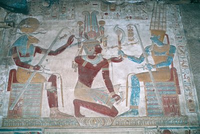 Egitto, Abido, Tempio del faraone Seti I, cappella di Osiride, rilievo dipinto da Egyptian 19th Dynasty