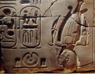 Egitto, Luxor, Antica Tebe, Valle di Assasif, frammento di rilievo raffigurante Ramses II e cartigli da Egyptian 19th Dynasty