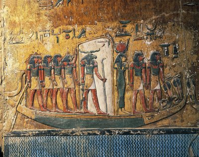 Egitto, Luxor, Antica Tebe, Valle dei Re, Tomba di Seti I, affreschi che raffigurano la barca solare con il dio dalla testa di ariete da Egyptian 19th Dynasty