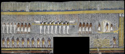 Egitto, Tebe, Luxor, Valle dei Re, Tomba di Ramses I, dipinto murale di Ra nella barca solare nella camera sepolcrale della XIX dinastia da Egyptian 19th Dynasty
