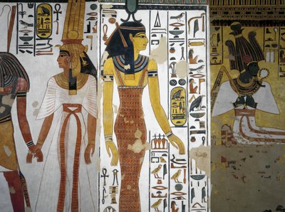Tomba di Nefertari, Vestibolo, Dipinti murali, Harsiesi conduce la regina per mano, dea Neith da Egyptian 19th Dynasty