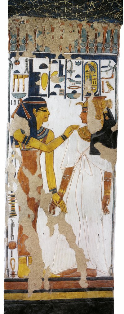 Valle delle Regine, tomba di Nefertari, pittura murale di Iside e regina su pilastro nella camera funeraria della XIX dinastia da Egyptian 19th Dynasty