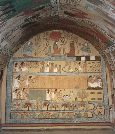 Scena di raccolto sulla parete est, dalla Tomba di Sennedjem, Villaggio dei Lavoratori, Nuovo Regno (pittura murale) da Egyptian 19th Dynasty