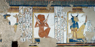 Henty-Reki, guardiano della quinta Porta del Regno di Osiride, e guardiano dalla testa di bue della quarta porta, affreschi della camera funeraria di Nefertari, Valle delle Regine, Luxor, Tebe (Lista del Patrimonio Mondiale dell