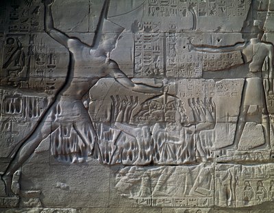 Prigionieri libici, rilievo, parete esterna della Grande Sala Ipostila, Tempio di Amon, Complesso del Tempio di Karnak (Lista del Patrimonio Mondiale UNESCO) da Egyptian 19th Dynasty