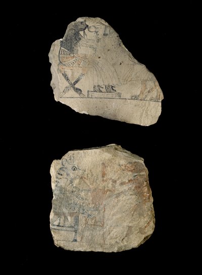Ostrakon di calcare con schizzi umoristici in inchiostro rosso e nero da Egyptian 19th Dynasty