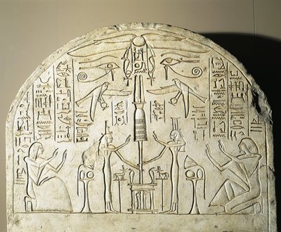 Stele di calcare di Perinefer, con Iside e Nefti che adorano il feticcio che rappresenta Osiride, da Abydos, Regno di Ramses II da Egyptian 19th Dynasty