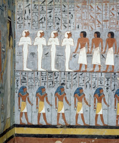 Mummie e figure maschili, (dettaglio), affreschi nella camera funeraria della Tomba di Ramses I, Valle dei Re, Luxor, Tebe (Lista del Patrimonio Mondiale dell
