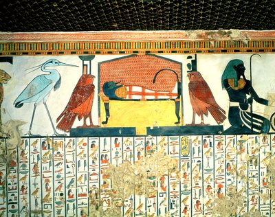Mummia su un letto funebre con varie divinità, dalla Tomba di Nefertari, Nuovo Regno da Egyptian 19th Dynasty