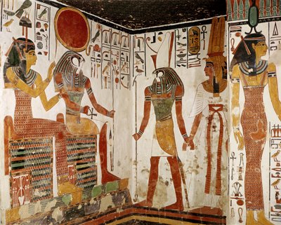 Nefertari è portata davanti al dio Re-Horakhty da Horus, dalla Tomba di Nefertari, Nuovo Regno (dipinto murale) da Egyptian 19th Dynasty