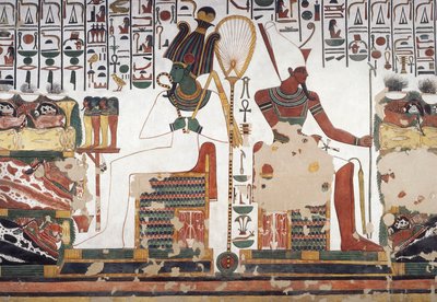Osiride e Atum, affresco, parete est, camera laterale est, Tomba di Nefertari (QV66), Valle delle Regine, Tebe (Lista del Patrimonio Mondiale dell
