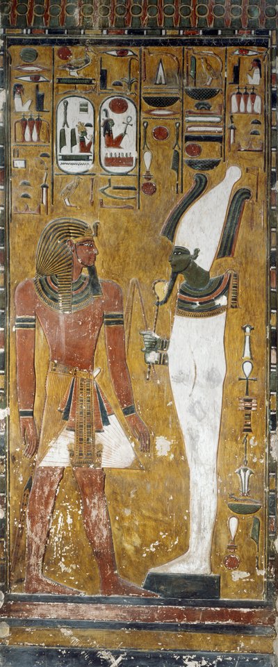 Osiride e Seti I, (dettaglio), affreschi nella camera funeraria della Tomba di Seti I, Valle dei Re, Luxor, Tebe (Lista del Patrimonio Mondiale dell
