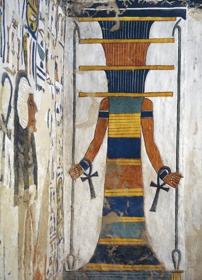 Osiride come pilastro djed che tiene uno scettro was in ciascuna mano e con un ankh su ciascun polso (dettaglio) da Egyptian 19th Dynasty