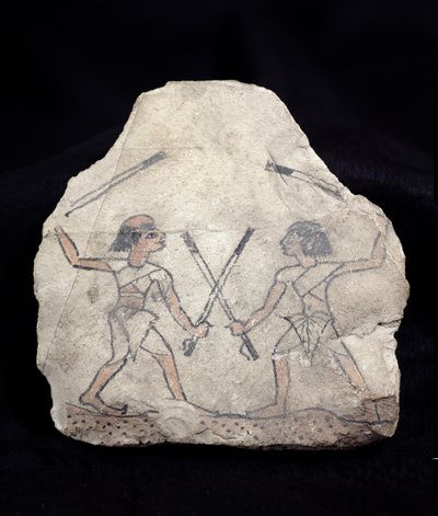 Ostrakon raffigurante due uomini che combattono con bastoni, da Deir El-Medina, Nuovo Regno da Egyptian 19th Dynasty
