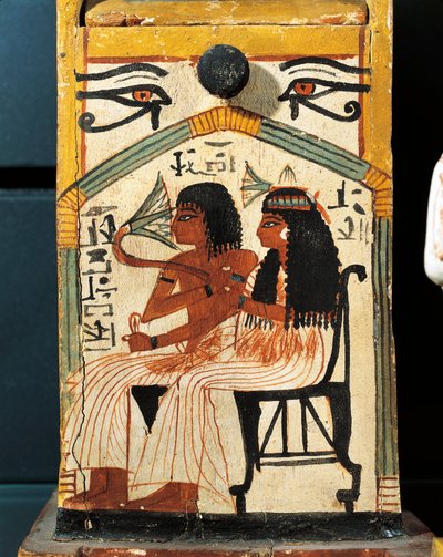 Scatola di shabti in legno dipinto di Khabekhent, defunto seduto con sua moglie, dettaglio da Egyptian 19th Dynasty
