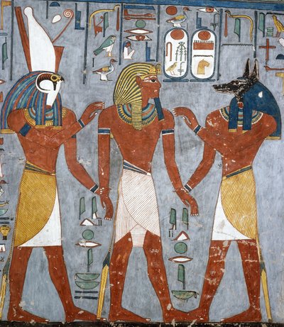 Ramesse I tra Horus e Anubi, affresco, camera funeraria, Tomba di Ramesse I (KV16), Valle dei Re, Tebe (Lista del Patrimonio Mondiale Unesco) da Egyptian 19th Dynasty