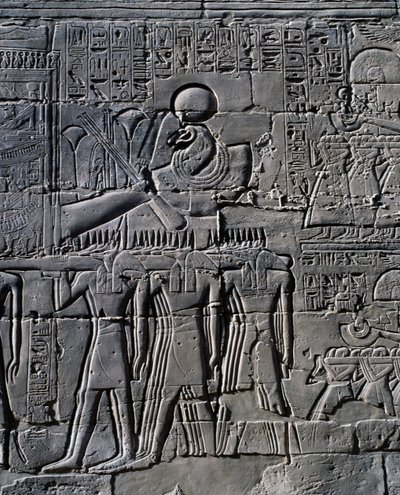 Ramses II davanti alla barca sacra, rilievo, pareti interne della Grande Sala Ipostila, complesso del tempio di Karnak (Lista del Patrimonio Mondiale dell