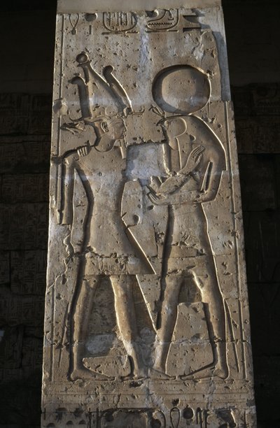 Rilievo che raffigura il Faraone con il dio Horus, portico del Tempio di Seti I da Egyptian 19th Dynasty