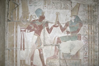 Rilievo di Iside, che presenta Sethos I (1303-1290 a.C.) a Horus, Nuovo Regno da Egyptian 19th Dynasty