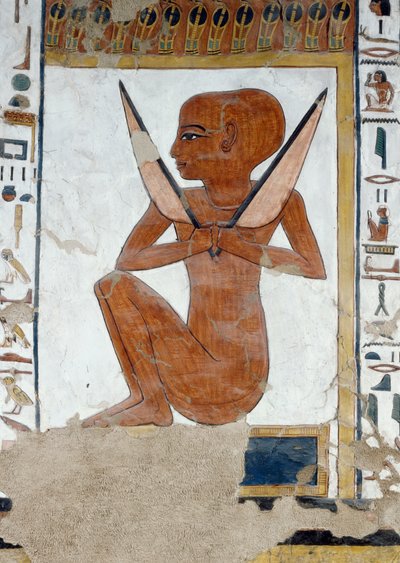 Rappresentazione di Henty-Reki, guardiano della quinta Porta del Regno di Osiride, (dettaglio) dagli affreschi nella camera funeraria di Nefertari, Valle delle Regine, Luxor, Tebe. Civiltà egizia, Nuovo Regno, Dinastia XIX. da Egyptian 19th Dynasty