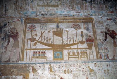 Barca sacra, bassorilievo, cappella di Osiride, Tempio di Seti I da Egyptian 19th Dynasty