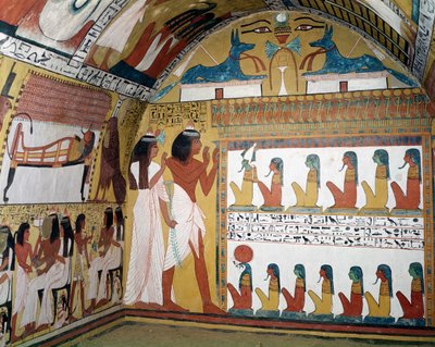 Sennedjem e sua moglie di fronte a un naos contenente dodici divinità, dalla parete ovest della tomba di Sennedjem, Il Villaggio degli Operai, Nuovo Regno da Egyptian 19th Dynasty