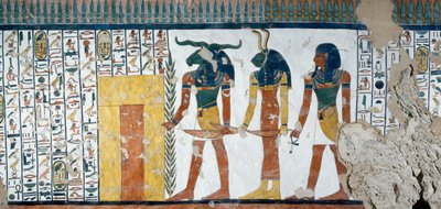 I tre geni che custodiscono la Seconda Porta del Regno di Osiride, Libro dei Morti, Capitolo 144, dettaglio dagli affreschi nella camera funeraria di Nefertari, Valle delle Regine, Luxor, Tebe. Civiltà egizia, Nuovo Regno, Dinastia XIX da Egyptian 19th Dynasty
