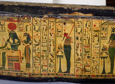 Dettaglio della base esterna della bara della mummia di Nesyamun, probabilmente trovata a Deir El-Bahri, Nuovo Regno, c.1100 a.C. (legno dipinto) da Egyptian 20th Dynasty