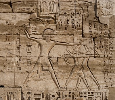 Antichità egiziana: dettaglio dei rilievi che celebrano le vittorie del faraone sui popoli del mare. Tempio funerario di Ramses III (1187-1156 a.C.). Luxor, Medinet Habu, Egitto da Egyptian 20th Dynasty
