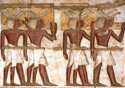 Antichità egizia: primo cortile, dettaglio di rilievi dipinti che rappresentano un gruppo di Nubiani che portano offerte al faraone. Tempio funerario di Ramses III. Luxor, Medinet Habou, Egitto da Egyptian 20th Dynasty
