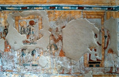 Antichità egiziane: rappresentazione di Shuroy e sua moglie che adorano il dio Thot e la dea Ra. Dipinto della tomba di Shuroy da Egyptian 20th Dynasty