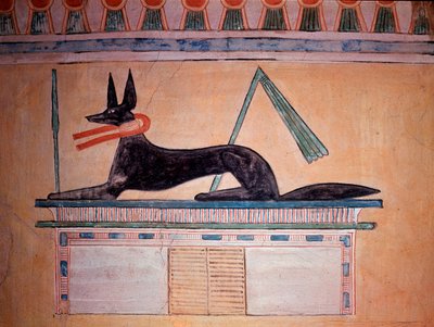 Anubi con testa di sciacallo, dio della mummificazione. Muro della tomba del Principe Khaemweset II (decorazione in calcare dipinto, XX dinastia) da Egyptian 20th Dynasty