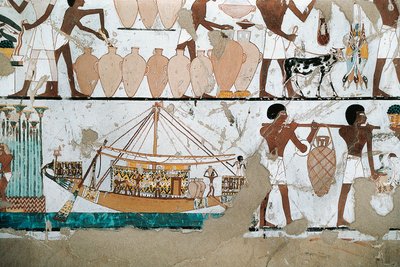 Pittura murale raffigurante scena di trasporto del vino su barca, dal Nuovo Regno da Egyptian 20th Dynasty