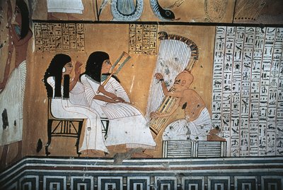 Affresco raffigurante il defunto Khai-Inherkha e la moglie che guardano un arpista cieco da Egyptian 20th Dynasty