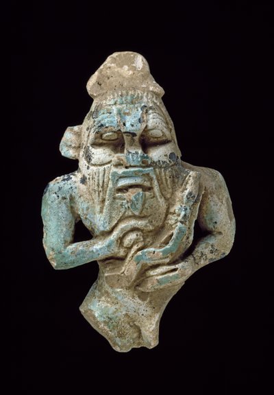 Amuleto in faience di Bes che allatta un Horus da Egyptian 25th Dynasty