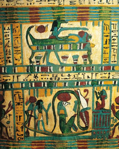 Pannello di legno intonacato e dipinto raffigurante il dio Anubi che protegge la mummia del defunto e la barca solare con il dio Ra, dal sarcofago di Usai, Tebe da Egyptian 26th Dynasty
